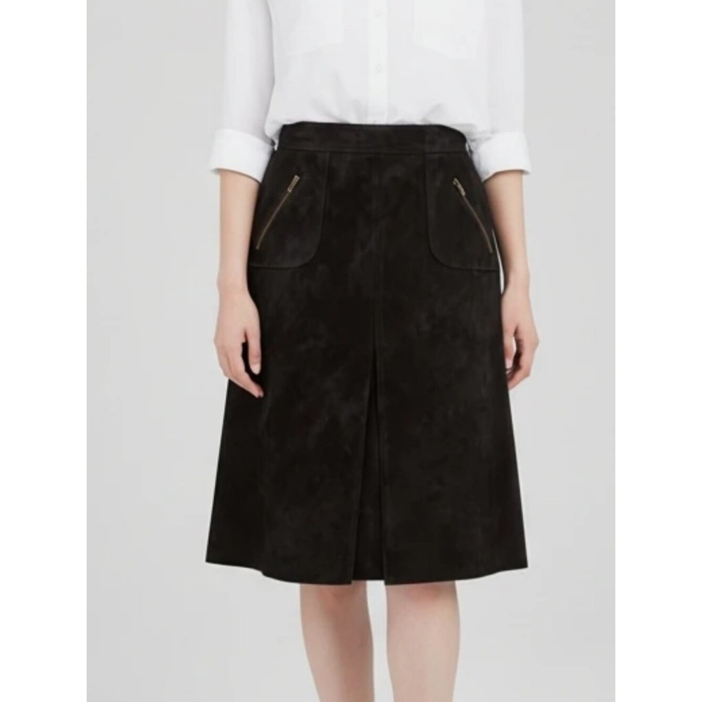 Context Vintage Suede Leather A-Line Midi Skirt Black Front Slit High Waist Sz 2